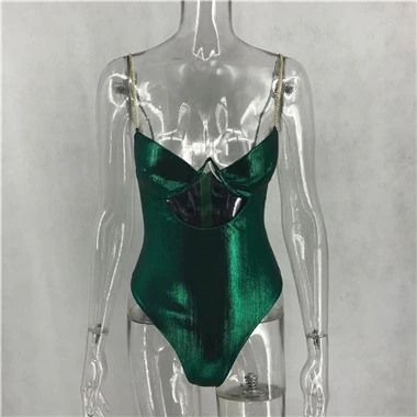 Великолепная Мода Ночной клуб Strappy женский гимнастический костюм комбинезон стринги сексуальный пляжный женский комбинезон Блестящий без бретелек Вечерние комбинезон с блестками - Цвет: Green