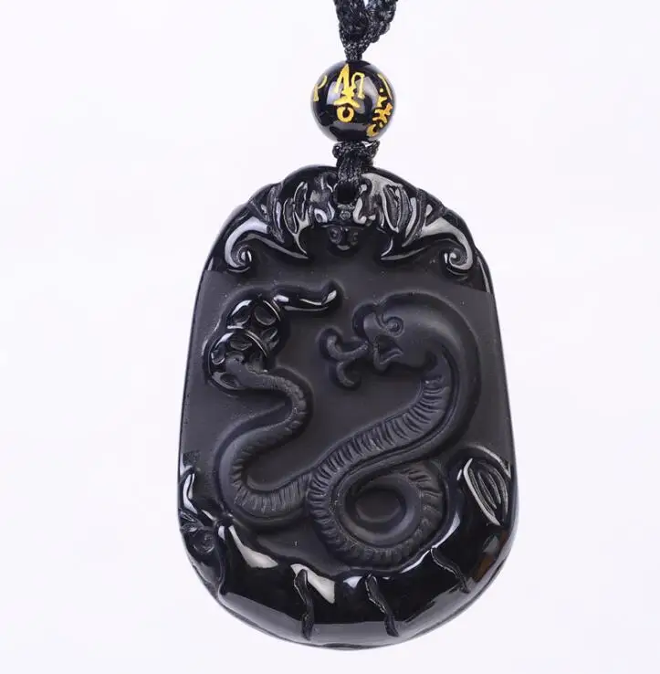 

Fahion Jewelry Genuine Natural Black Obsidian Carved Chinese Zodiac Snake Lucky Amulet Pendant Free Necklace