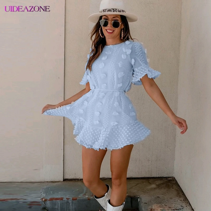 

UIDEAZONE Lovely Sweety Girls Summer Dress Solid Embossed Dress O-neck Mini High Waist Short Ruffle Sleeve Dress Female