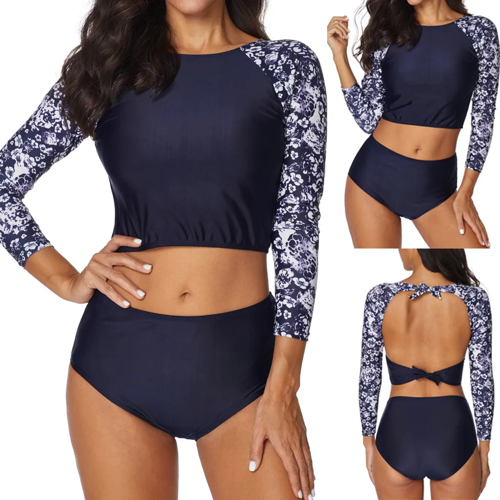 

Women Sunscreen Surfing Suit Push-Up Padded Waterproof Print Long Sleeves bikini top Sport Style Filled Bra High Waist Swimsuit