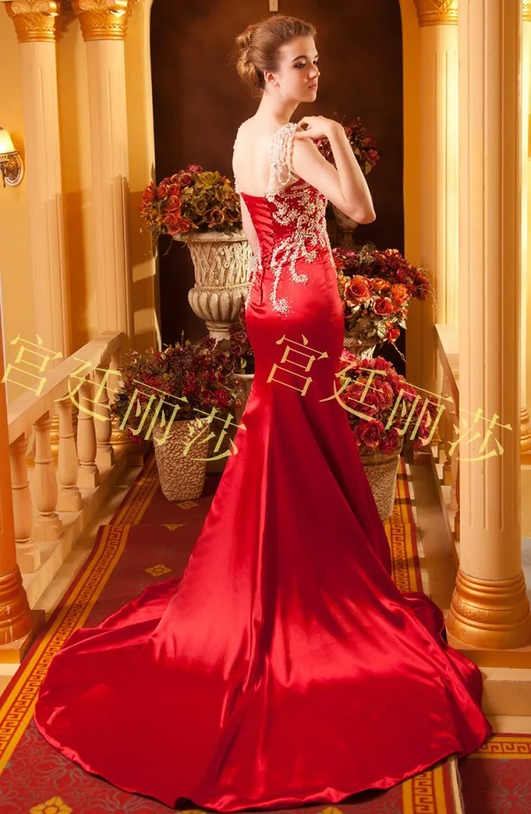 Дизайн sexy бисером кристалл люкс формальные невесты красный долго в браке элегантный торжеств и вечеринок платья пром платья