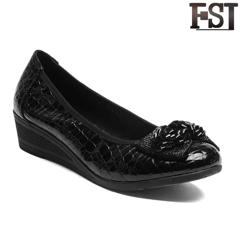 

FSJ Pumps Genuine Cow Leather Square Heel Round Toe Slip-On Dress Spring/Autumn Flower Mature Dark Blue Big Women Size 42