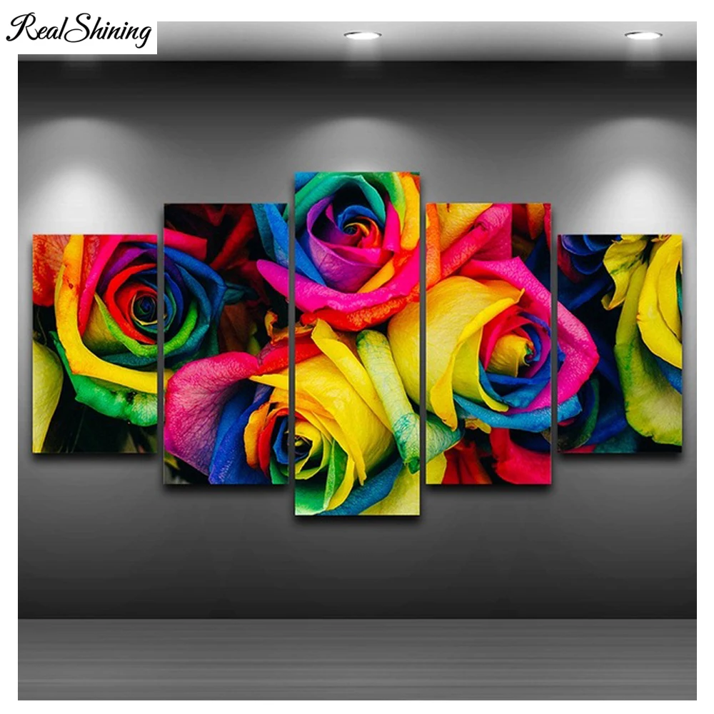 

REALSHINING 5Pcs 3D Full Square Diy Diamond Painting Cross Stitch Pattern Diamond Embroidery Roses Flowers Room Decor DM345