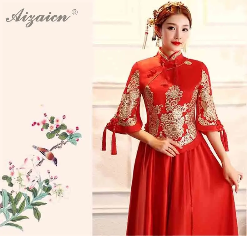 Весеннее Новое китайское платье традиционное Ципао Длинные Платья Восточный стиль красный китайский Qipao Китайский халат Винтаж Qi Pao платье