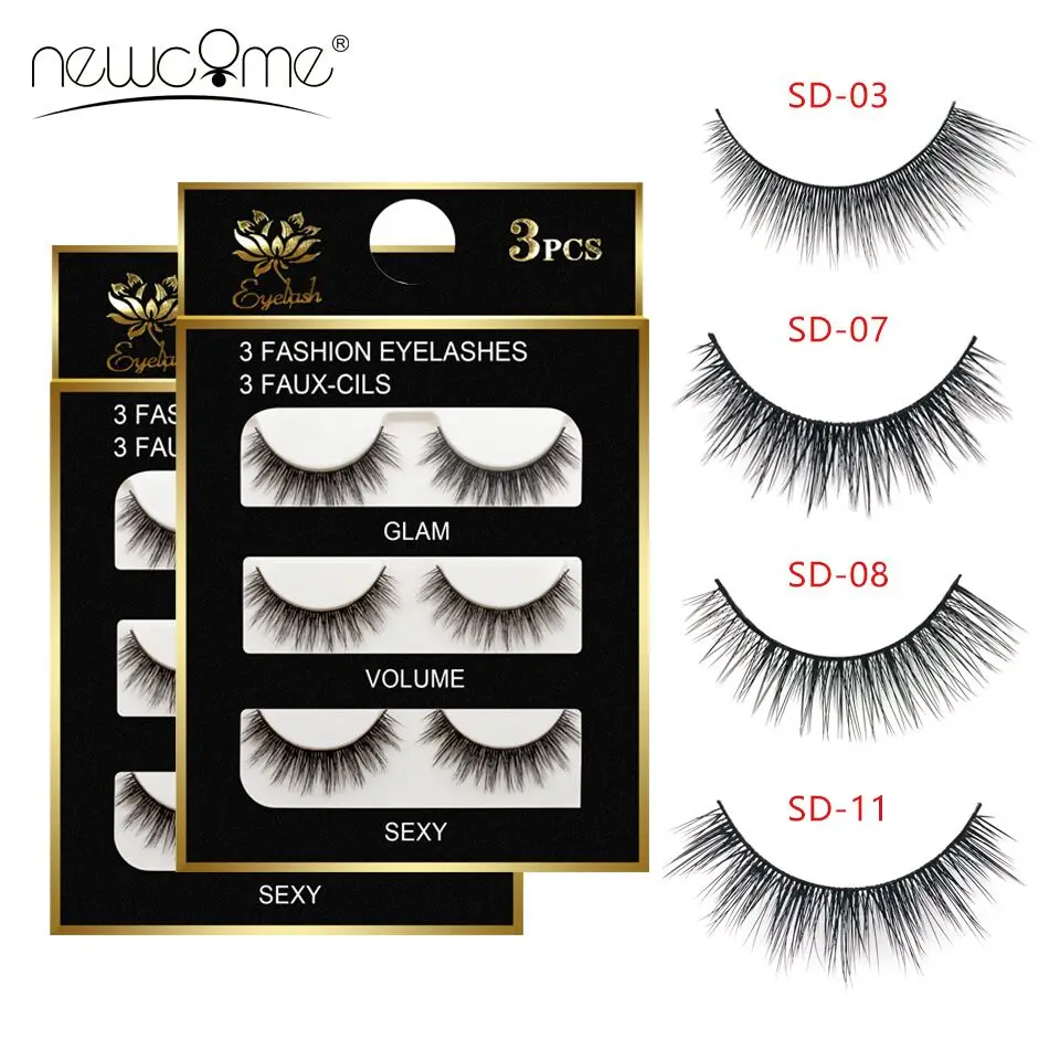 

NEWCOME 3 Pairs 3D False Mink Eyelashes Thick Cross Full Strip Natural Long Eyelash 100% Hand Made Fake Lashes Makeup Tools