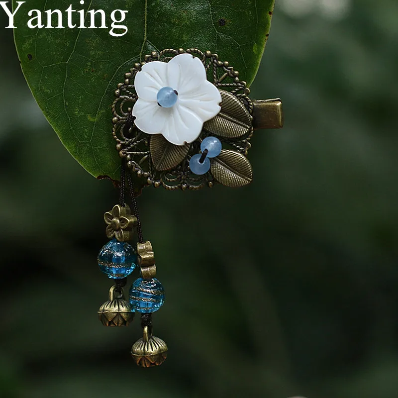 

Yanting Shell Flower Hair Claws Hollow Flower Glass Glazed Beads Ethnic Hair Jewelry Vintage Copper Alloy Flower Hairpin 083