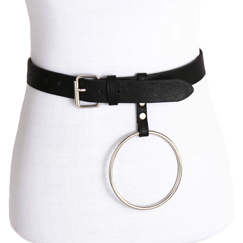 

2019 new design 3cm black Leather Punk Harajuku Big O Rings Belt Exaggerated Metal Hoop belt for Men Women Unisex belts