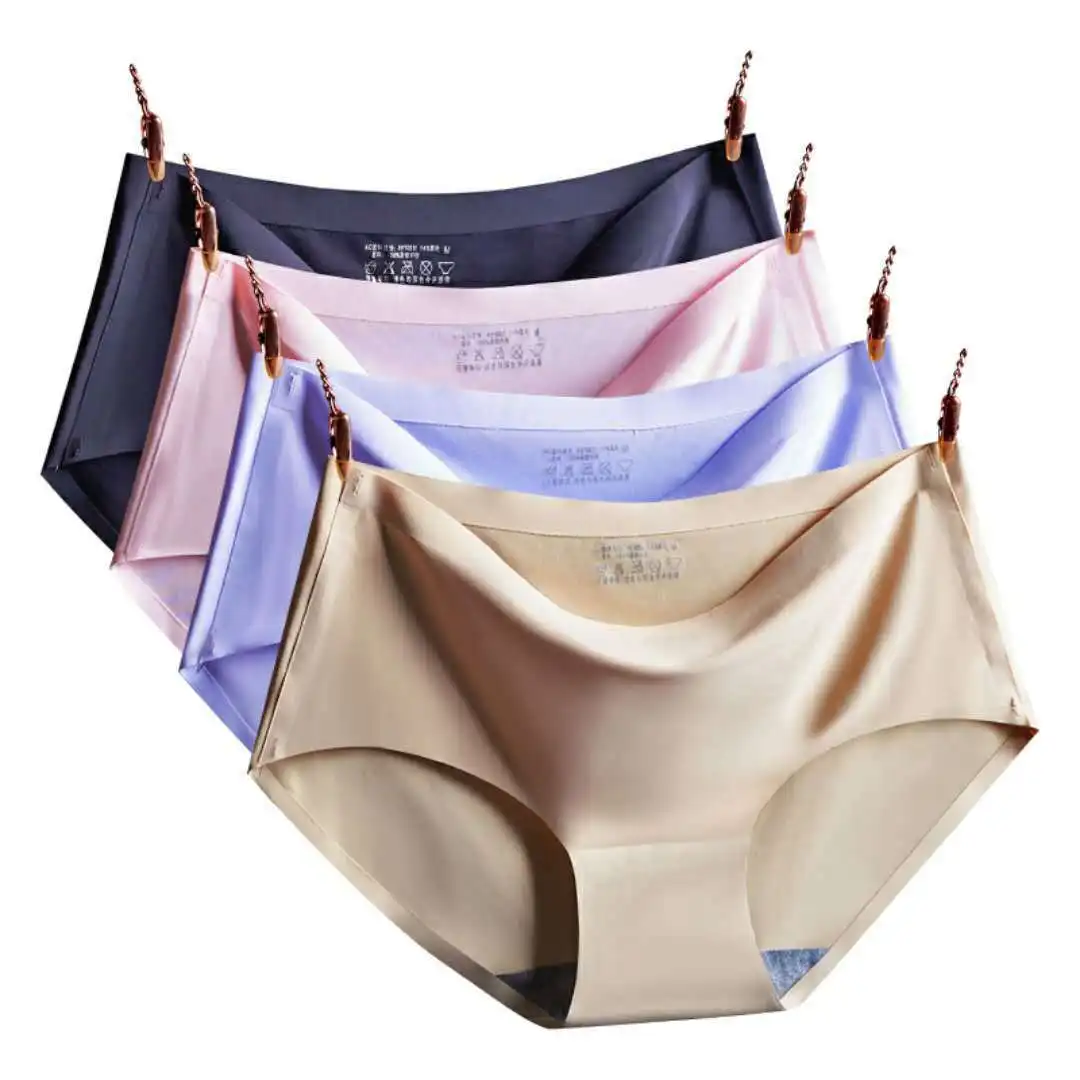 

4pcs A Piece Of Type Seamless Ice Silk Underpants Woman Sexy Mid Waist Briefs Plus Size Elastic Underwear