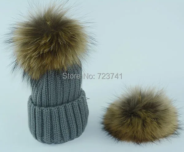Зимние теплые pumpum Мех животных крючком ручной работы Вязание Шапки берет лыжный шапочка Бал шапки натуральный для женщин