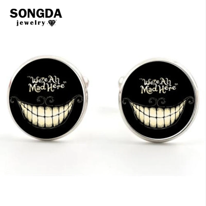 

SONGDA We're All Mad Here Smile Cheshire Cat Cufflinks for Mens Alice in Wonderland Black Printing Time Gem Men Shirt Cuff Links