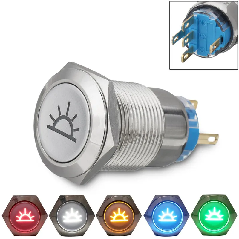 Durable 12V 19mm Car Push Latching Button Blue Dome Light LED Metal