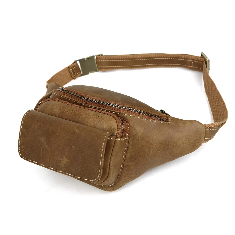 TIDING Genuine leather yellow waist bag for men military waist pack