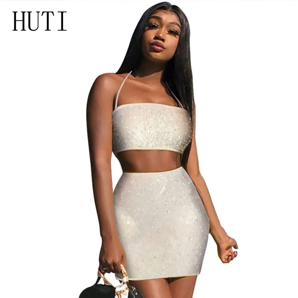 

HUTI Plus Size XXL Two Pieces Sets Hollow Out Sleeveless Ladies Mini Dress Summer Sexy Backless Halter Bodycon Short Dress