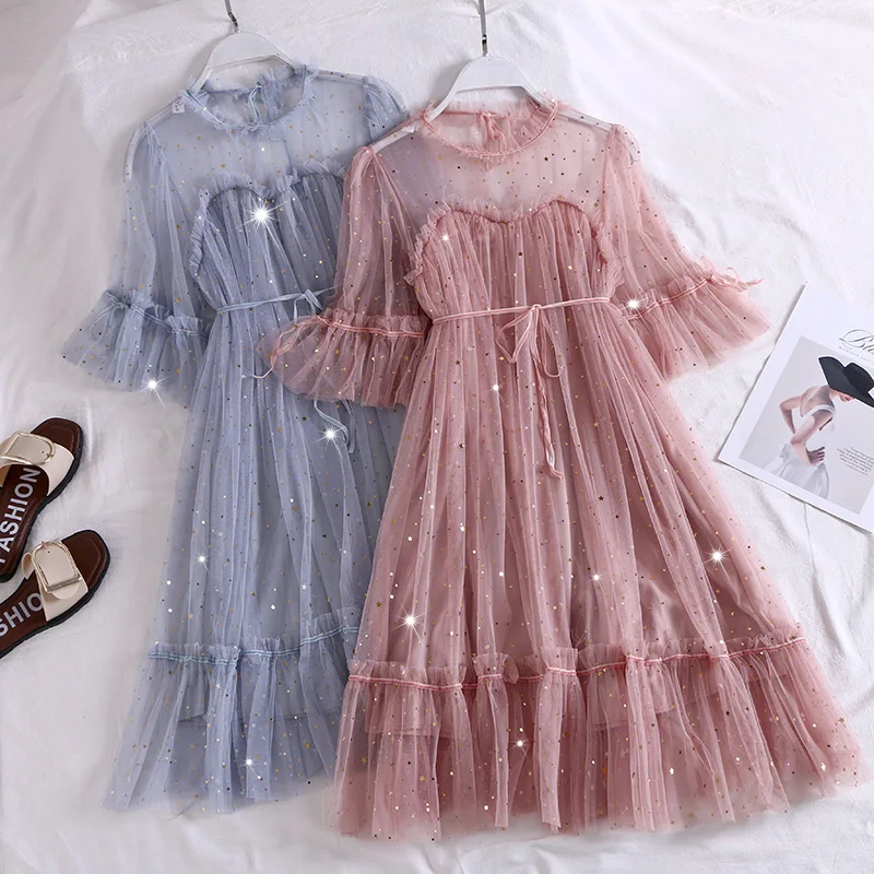 

2019 Women O-neck Flare Sleeve Bling Star Sequined A-line Pleated Ruffles Dress Vintage Elastic Slim Mesh Gauze Tulle Midi Dress