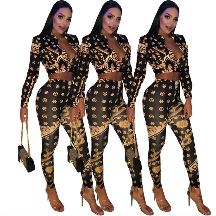 

2018 autumn/winter new, African fashion style, sexy personality print, long sleeve short style jacket, long pants two-piece set