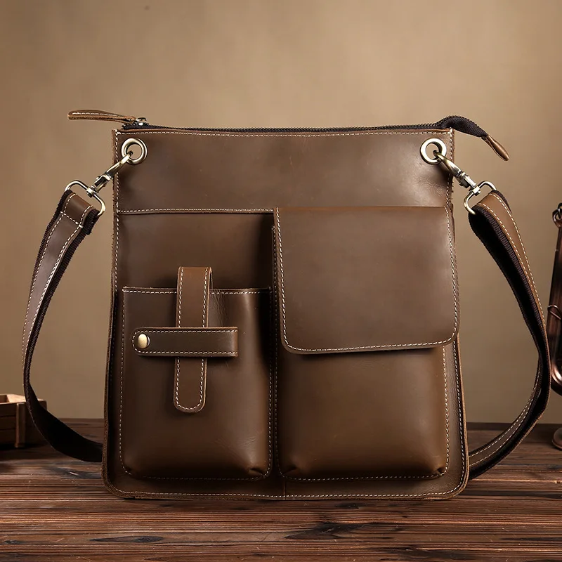 

Men's Vintage Crazy Horse Genuine Leather Bag Casual Cow Leather Shoulder Bag iPad Messenger Bags Men Travel 2019 New Fashion