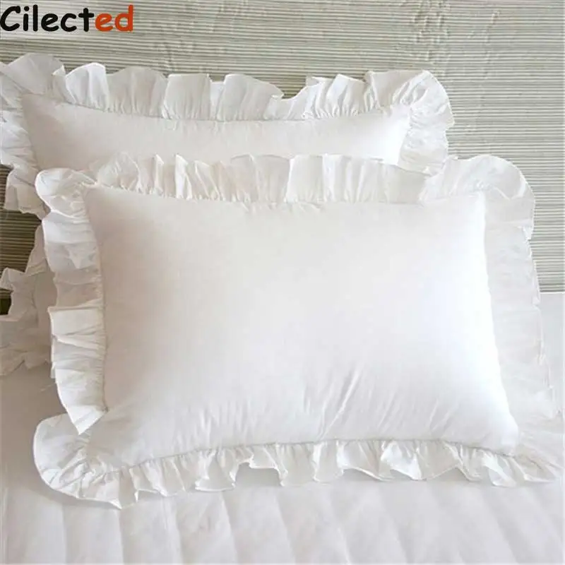 

Cilected 2Pcs White Pillowcase Bedding Cotton Solid Ruffle Pillow Sham Princess European Pillow Cover Protector 48*74cm