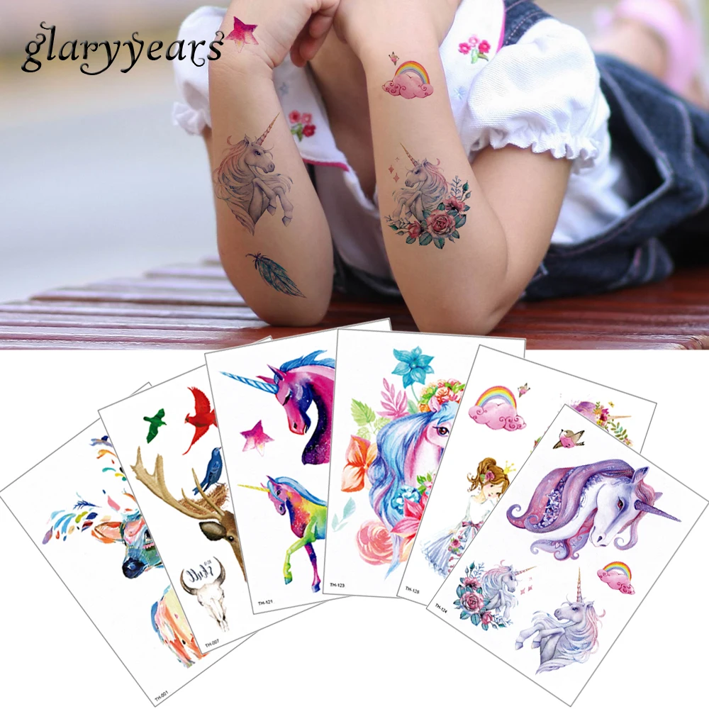 

glaryyears 24 Designs 1 Sheet Cartoon Animal Tattoo Sticker Temporary TH Decal Elk Unicorn Pattern Body Art Tattoo Children Gift