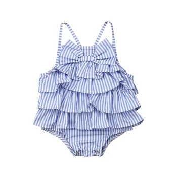 

2019 Newbron Infants Baby Gilrs Clothes Ruffle Striped Bodysuit Summer 2019 Stripe Bowknot Outfits Wholesale