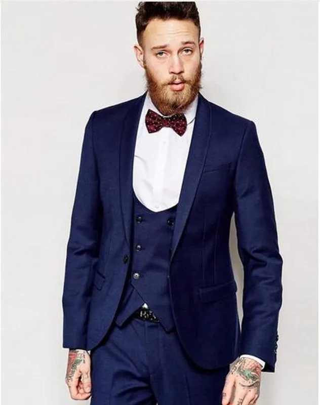 

(Jacket+Pants+vest+tie) Navy Blue 3 Pieces Wedding Suits for Men Single Breasted Groom Tuxedos Business Formal Suit Mens Suits