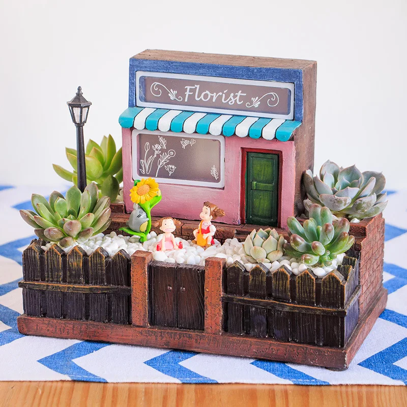 

NCYP Fairy Garden Planter European Style Florist Flower Shop with LED Miniature with Wood Fence Flower pot Succulent Container