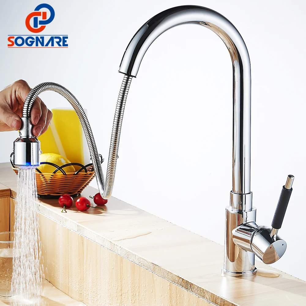 

Spring Single Handle Kitchen Faucet Led Pull Out Chrome Polished Copper Kitchen Faucets Free to Rotate Water Tap Kitchen Crane