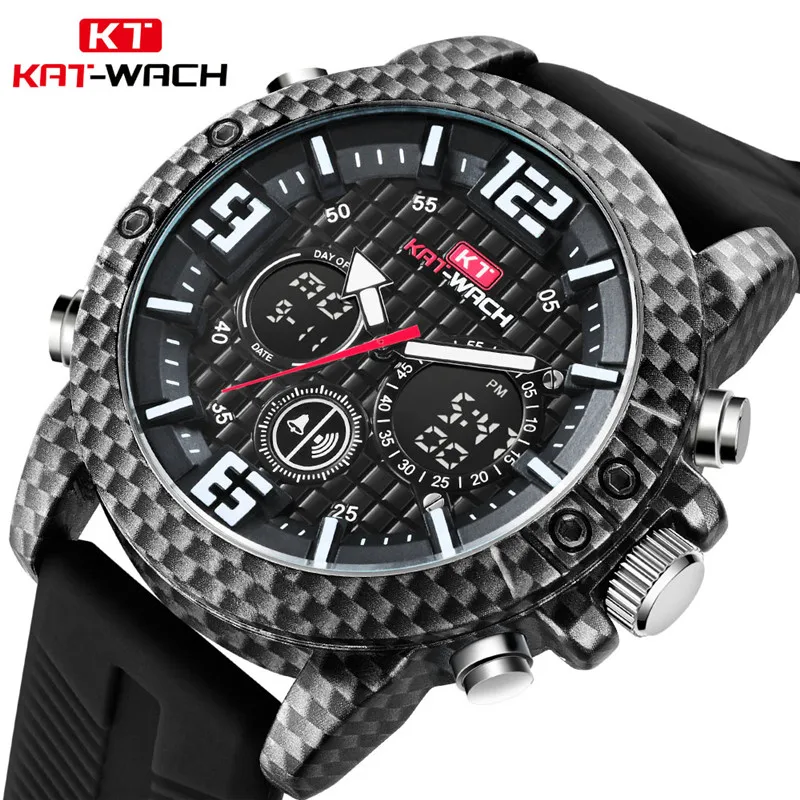 

KAT-WACH Brand Men Caron Fiber Watch Digital Quartz Watch Two Movement 52mm Big Size 3D Dial Waterproof Rubber Band Reloj