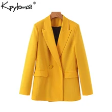 Винтажное стильное двубортное пальто Blazers с карманами для женщин модная верхняя одежда с длинным рукавом для офисных леди Повседневная Chaqueta Mujer