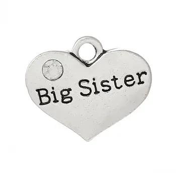 

new Charm Pendants Heart Silver Color "Big Sister"Carved Clear Rhinestone 17mm x 14mm,20PCs