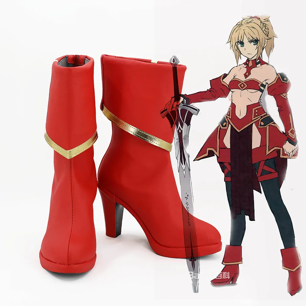 

Fate/Apocrypha Servant Mordred Cosplay Shoes FA Saber Red Cosplay Boots Halloween Cosplay Red Shoes Custom Made Men and Wowen