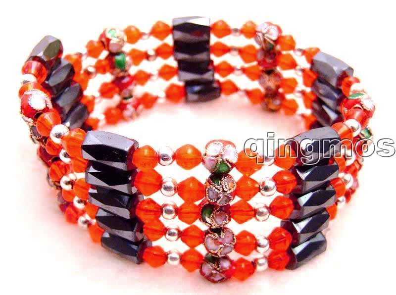 Qingmos Alla Moda Cloisonne Del Braccialetto Per Le Donne Con 6Mm Rosso Rotondo Cloisonne & Nero Ematite Magnetica Collana Lunga Dei Monili Bra279