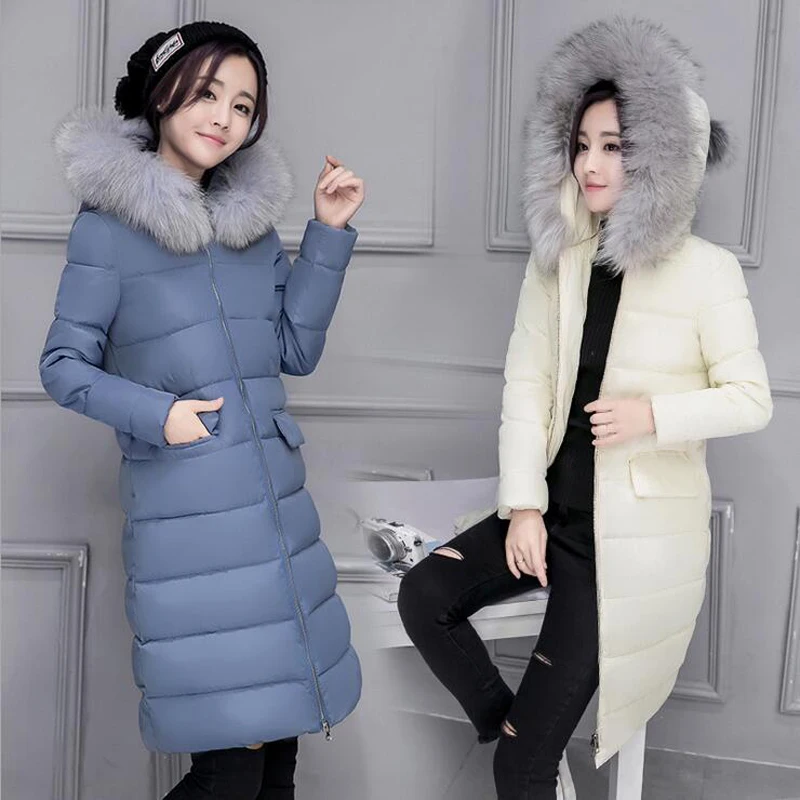 Plus Size 2016 Fashion Winter Faux Fur Collar Jacket Women Slim Long Down Cotton Thicken Jacket