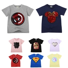 2021 verão crianças meninos t camisa super-herói lantejoulas reversível bebê meninas camisetas unicórnio crianças camiseta roupas de algodão camisetas
