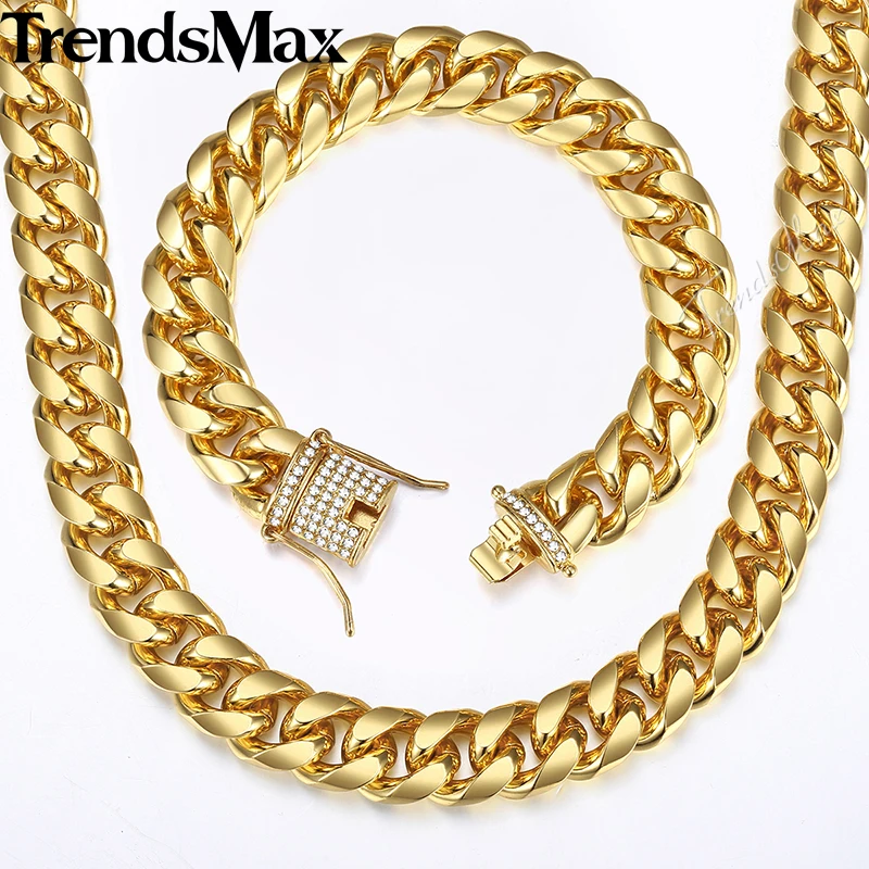 Mens Jewelry Sets Gold Miami Curb Cuban Link Chain Bracelet Necklace
