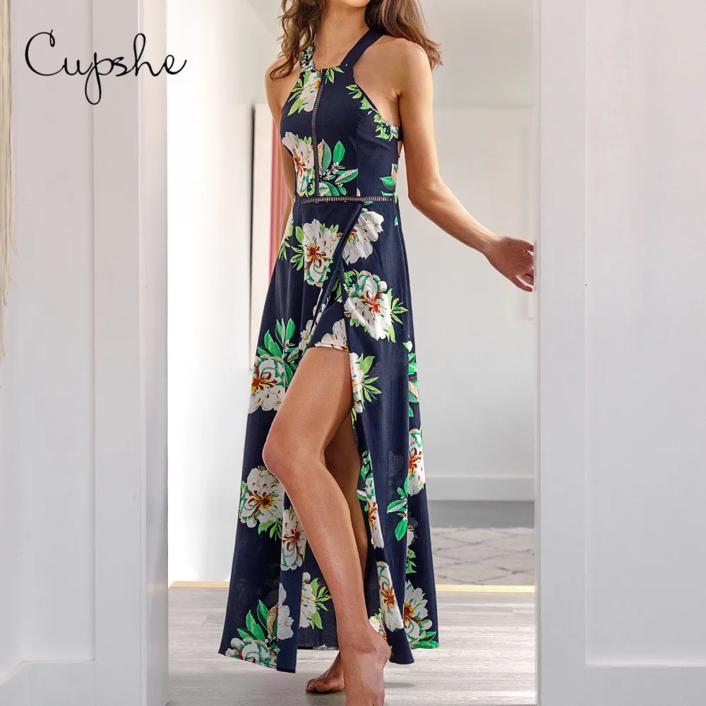 

CUPSHE Women Floral Leafy Print Slit side Long Maxi Dress 2019 New Summer Beach Slim Lace Sleeveless Casual Sundress Vestido