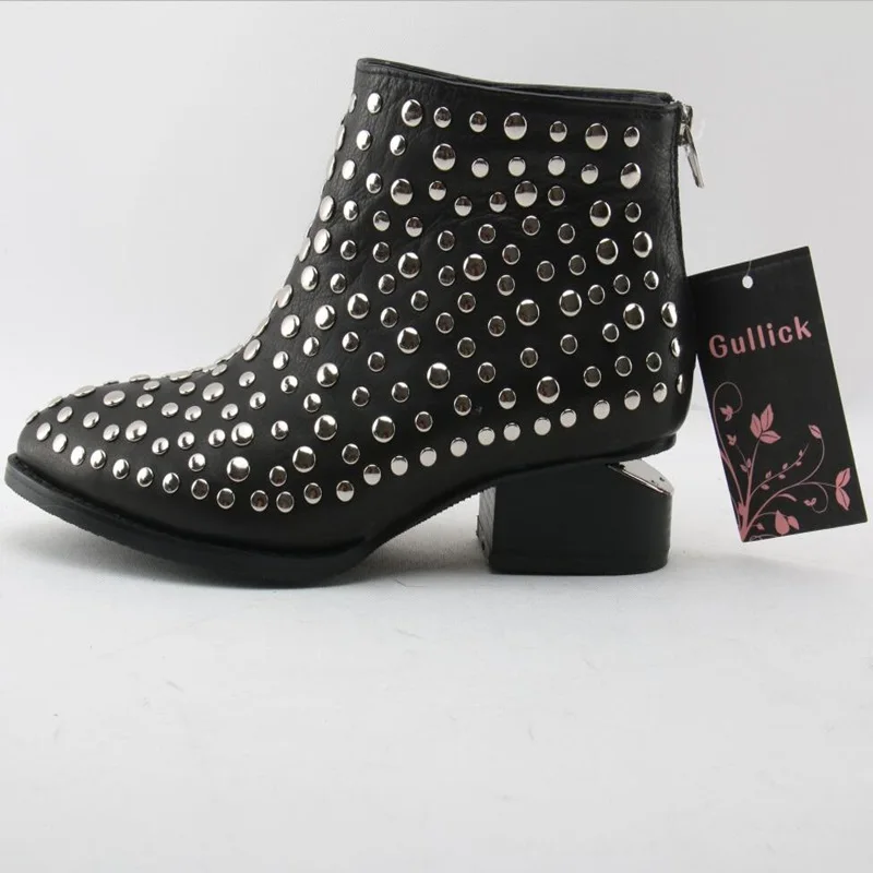 

Stylish Metal Decoration Woman Square Heel Boots Black Pointed Toe Zip-Up Ankle Matte Shoes Spring Autumn Comfortable Shoes