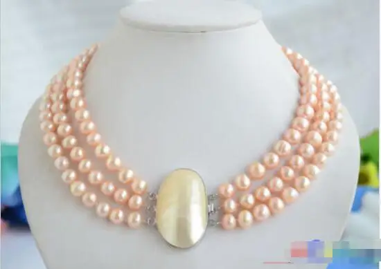 

FREE SHIPPING>@@> Hot sale new Style >>>>>P4844 3row 9mm round pink freshwater pearl necklace mabe clasp