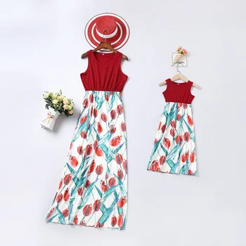 

Flower Print Matching Mother Daughter Vest Dresses Mommy and Me Clothes Family Look Mom Mum Mama and Girls Dress Family Outfits