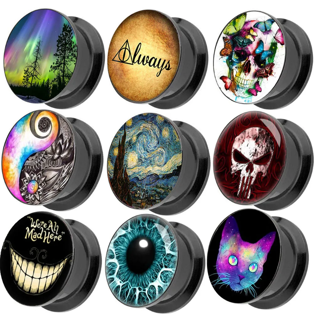 

JUNLOWPY 4-16mm Logos Ear Gauge Plugs Black Acrylic Screw Fit Flesh Tunnel Eyelet Stretchers Ear Plug Body Piercing Jewelry 2pcs