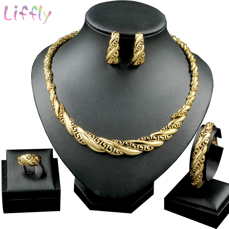 

Dubai Jewelry Sets Women Fashion Fashion Openwork Pattern Simple Generous Necklace Earrings Ring Bracelet African Jewelry