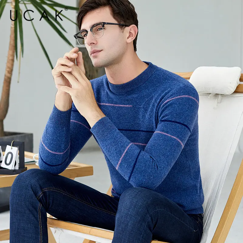 

UCAK Brand Merino Woolen Sweater Men Streetwear Fashion Striped O-Neck Pull Homme Autumn Winter Warm Cashmere Pullover Men U3039
