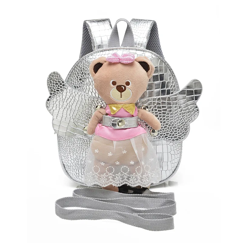 Cute Angel Bear Anti lost School Bags For Girls Leather PU Baby Girl Backpack Kindergarten Bags