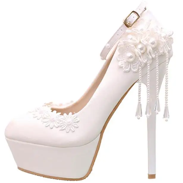 Белые кружевные свадебные туфли на очень высоком каблуке с жемчужинами и кисточками, свадебные туфли с круглым носком, непромокаемые