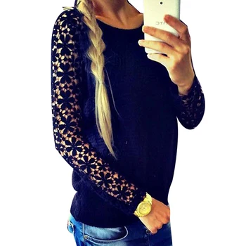 

Hot 2019 Women Sweater Autumn Long Sleeve Hollow Out Casual Sweaters Patchwork Lace Flowers Pullover Knitted Sweater LQ8558C
