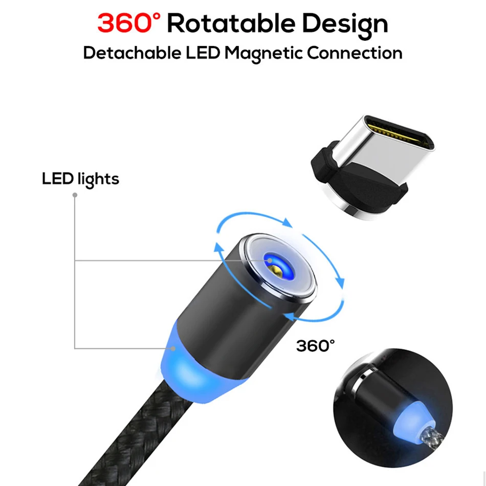 360 LED المغناطيسي كابل شحن ل فون XR XS ماكس X 8 7 6 6 S زائد المحمول الهاتف المغناطيس شاحن المصغّر usb C كابل نوع C سلك