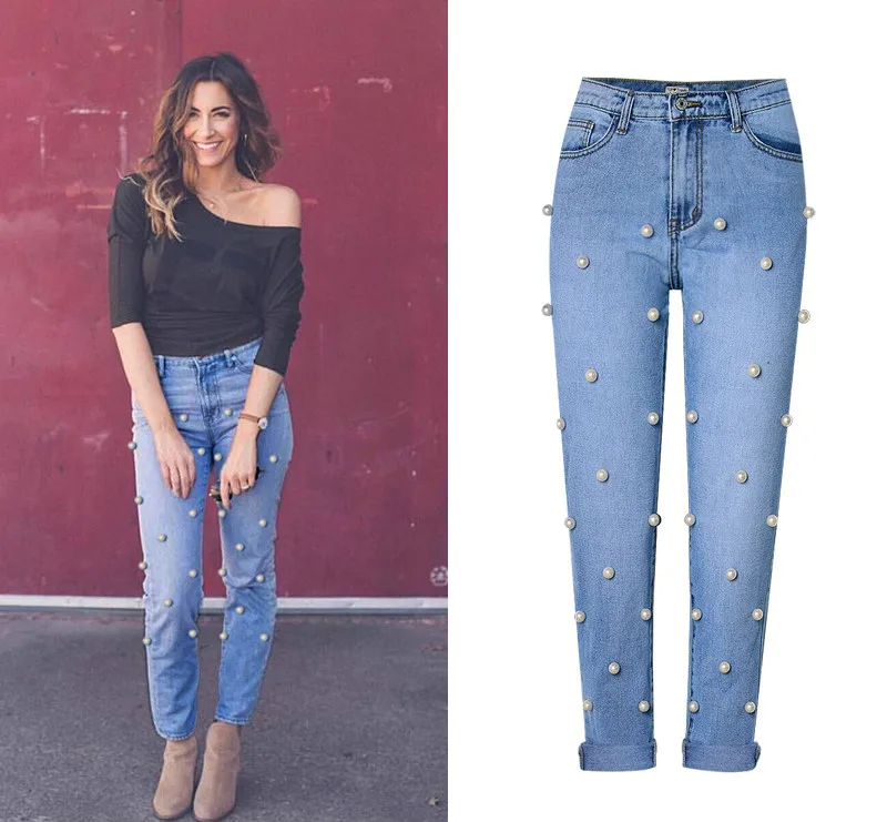 Wash Pants Fake Blue Women's Woman Jeans Straight High Cuffs Loose Waist Bleached New 2018 Trousers Zippers Beading Street Hot qTSXx6UUw
