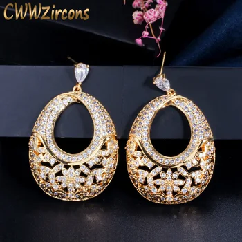

CWWZircons Micro Pave CZ Zirconia Stone Yellow Gold Color Vintage Women Drop Earrings High Quality Wedding Party Jewelry CZ031