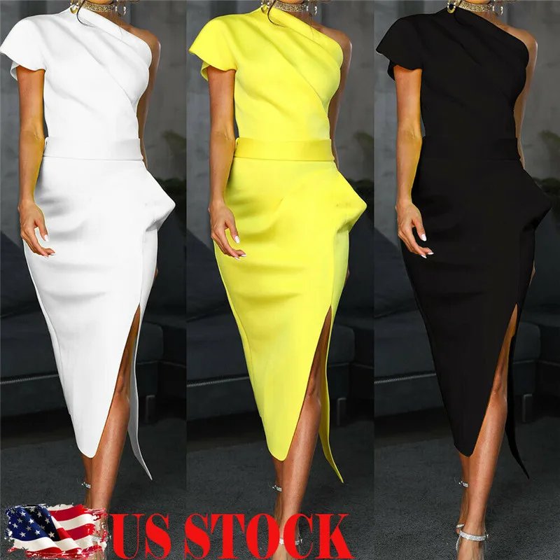 

Women One Shoulder Bodycon Midi Dress Evening Party Club Pencil Dresses