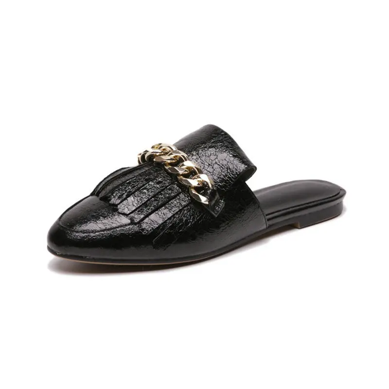 

B2-7 Size 33-43 Female Patent Leather Pointed Toes Slippers Lady Metal Chain Slides Woman Flat Heels Shoes Women Slingback Shoe