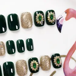 Для девочек Летняя мода темно-зеленый накладные ногти блестящими стразами для маникюра ногтей Совет с клеем полное покрытие Съемная